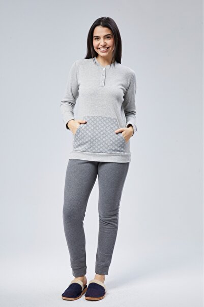 M MOONCOVER Mooncover Women's Winter Kangaroo Pocket Pajama Set Gray