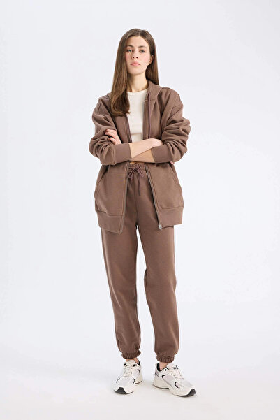 DeFacto S7370 Kahve Standart Fit Kalın Jogger Eşofman Altı Bel Paça Lastikli Basic Düz Uzun Boy