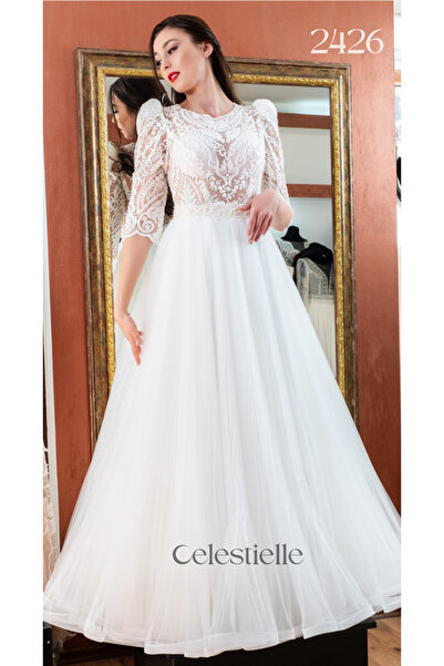 Celestielle Princess Wedding Dress – 3/4 Sleeves, Pleated Tulle Skirt, Bold Shoulders