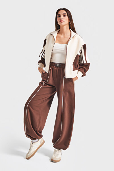 its basic Γυναικείο Σετ Φόρμας 2 τεμαχίων σε Μπεζ καφέ χρώμα w5-16 Πλεκτό ύφασμα με σχέδιο στο κάτω μέρος και στο επάνω μέρος