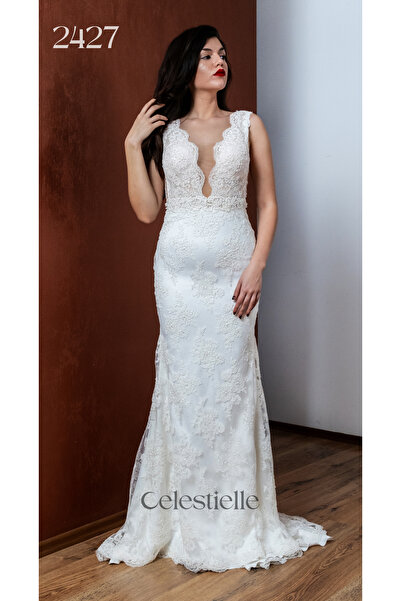 Celestielle Mermaid Wedding Dress – Sleeveless, Backless, Train, Deep V-Neck, Chantilly Lace, Fitted Cut