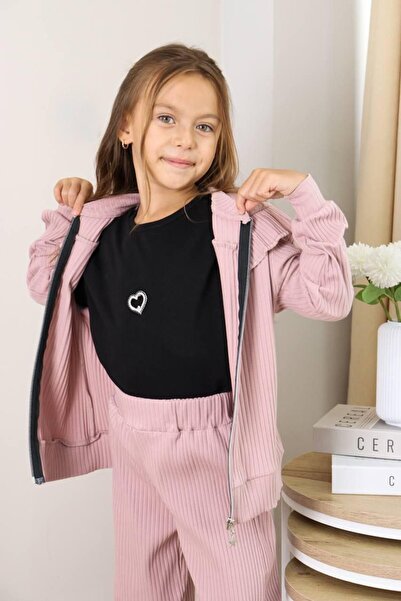 Hirazenmoda Girl's Ribbed Tracksuit Set with Zippered Cardigan, Sweatshirt and Pants 3-Piece Set – Powder