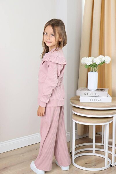 Hirazenmoda Girl's Ribbed Tracksuit Set with Zippered Cardigan, Sweatshirt and Pants 3-Piece Set – Powder