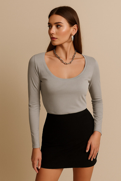 Rich Kadın Gri U Yaka Uzun Kollu Bluz