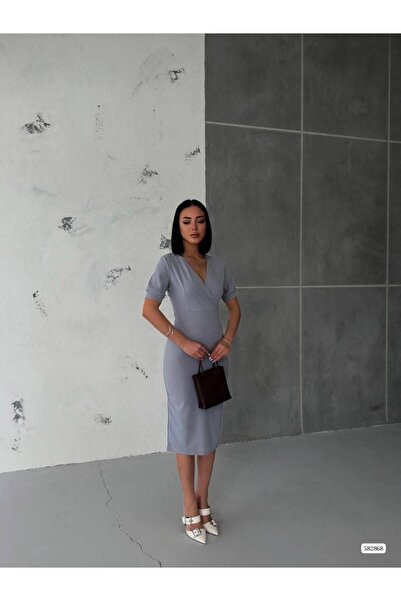 Modafeminen Double Breasted Collar Short Sleeve Pencil Dress Grey 582868