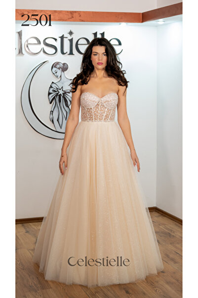 Celestielle Rochie de mireasă prințesă – fildeș, fără mâneci, spate decoltat, corsaj în formă de inimă, fustă din tul cu sclipici și cristale