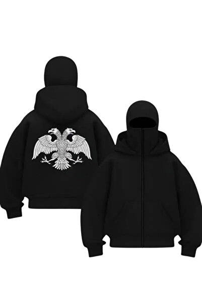 1blood سترة كارديجان للجنسين مطبوعة برسم نسر أسود برأسين وقناع ثلج