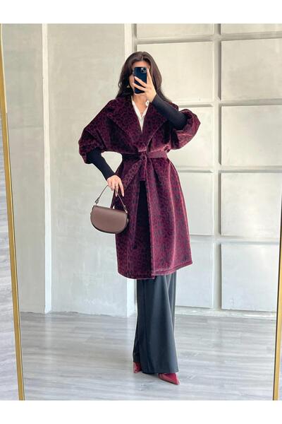 Coral Leopard Pattern Coat with Wide Ribbed Ankle 7874-1 Burgundy