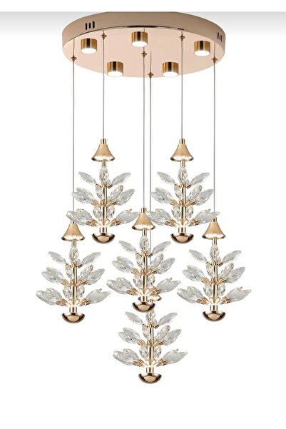 MİRLED AYDINLATMA Mir led aydınlatma6'Lı 65 Watt 3000K Yuvarlak Gold Kristal Taşlı Ledli Salon Avize 2yil grantili