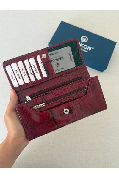 DERKON Crocodile Patterned Useful Genuine Leather Women's Wallet Claret Red