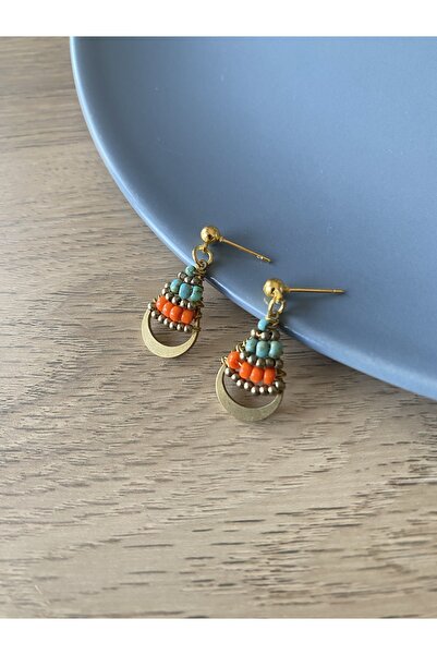 dela otantik El Yapımı Bohem Turkuaz taşlı Turuncu Boncuklu Sallantılı Küpe – Otantik Etnik Bijuteri Takı