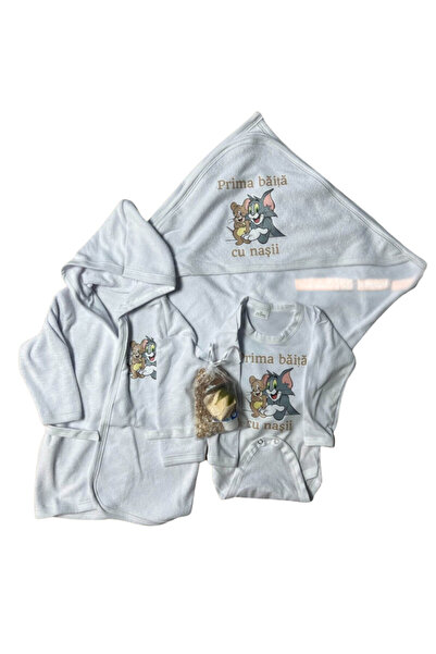 Botez Set pentru prima baita – pisica cu prosop, body, halat si saculet cu mi...