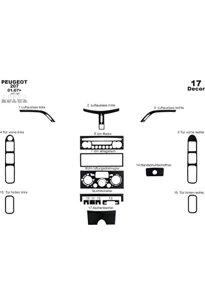 Marscockpitdesign غطاء كونسول وصندوق السيارة لبيجو 207 موديل 2007، 17 قطعة