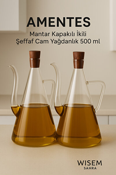 Amentes Set of 2 500ml Clear Glass Oil Pot with Cork Lid Design Borosilicate Glass Olive Oil and Vinegar Bottle