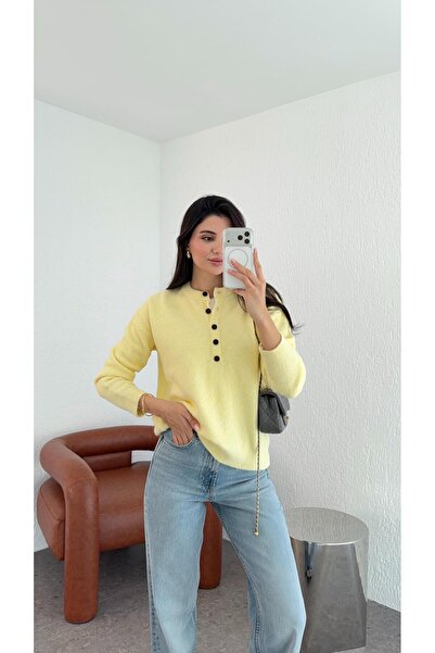 HAZELANNA Pulover galben tricotat cu nasturi