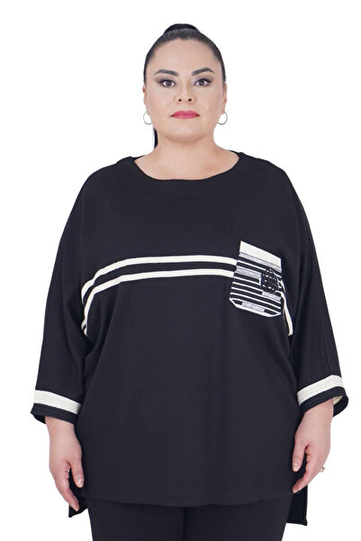 Darkmen بلوزة رياضية أنيقة للنساء مقاس كبير باللون الأسود مع خطوط بيضاء