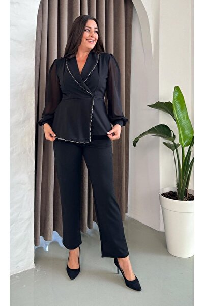 Butik Nilyam Дамски комплект вечерна рокля с кръстосано деколте, шифон, балонни ръкави и перлени детайли, размер плюс, черен 25009