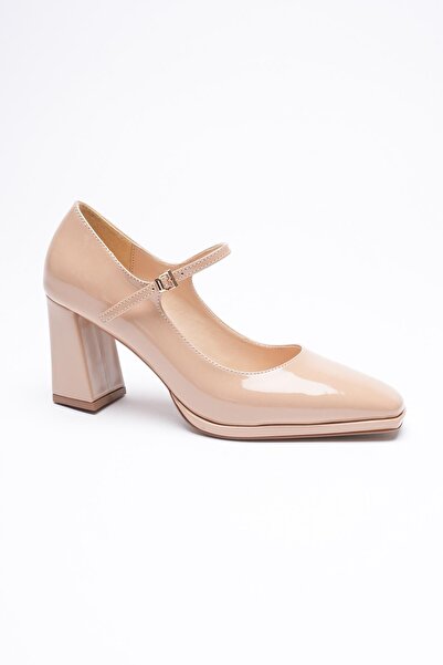 Mubiano Women's Patent Leather Thick Heeled 7.5 cm Platform Beige Orliva