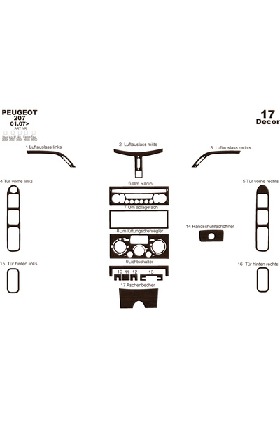 Marscockpitdesign غطاء كونسول وصندوق السيارة لبيجو 207 موديل 2007، 17 قطعة