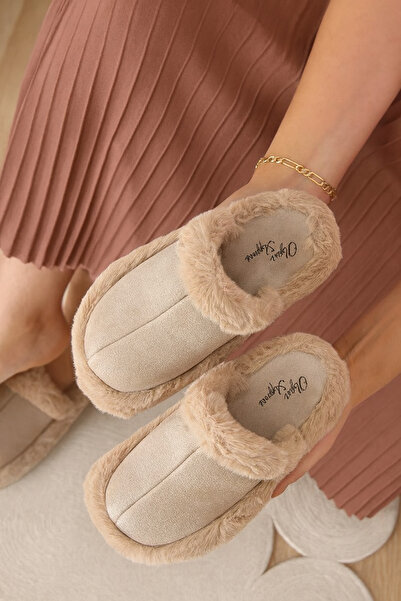 Behtah Kundura Dar Kalıp Kadın Tüylü Ev Terliği Sesiz Taban Sıcak Şık Tasarım