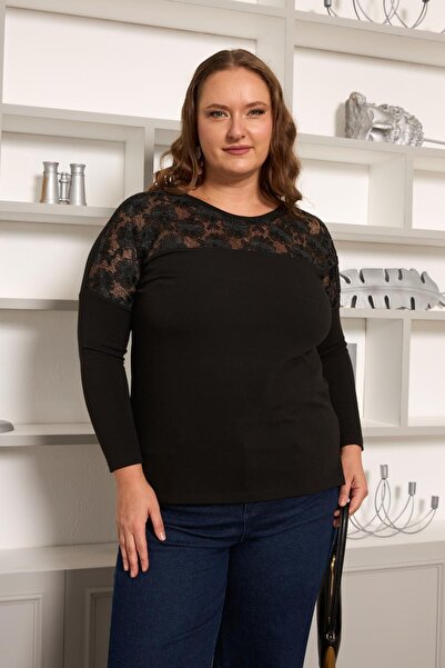 RMG Plus Size Cordone Lace Garnished Blouse Black