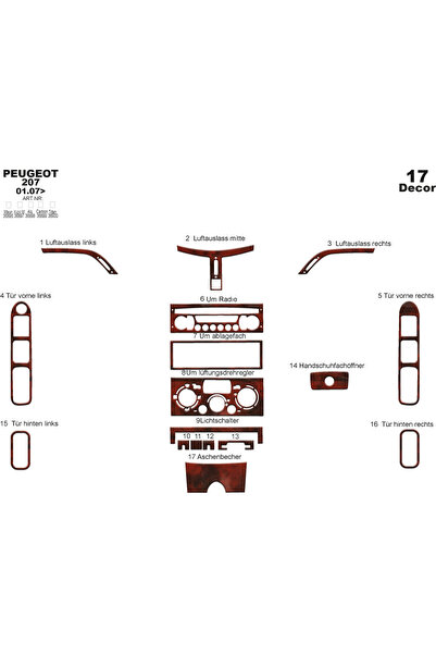 Marscockpitdesign غطاء كونسول وصندوق السيارة لبيجو 207 موديل 2007، 17 قطعة