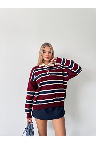 Pollux Pulover tricotat pentru femei cu guler polo cu nasturi în dungi