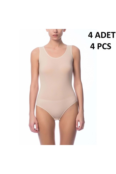 Belinay Women's Strappy U-Neck 47% Modal 47% Cotton 6% Elastane Hooked 4-Piece Bodysuit