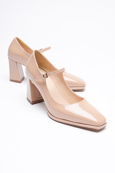 Mubiano Women's Patent Leather Thick Heeled 7.5 cm Platform Beige Orliva