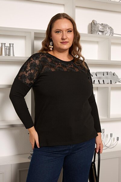 RMG Plus Size Cordone Lace Garnished Blouse Black