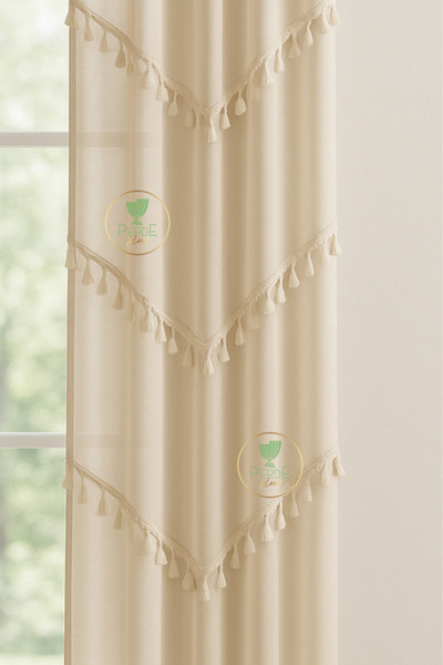 Perdeplus Linen Bohemian Style 3 Row Tassel Design Background Curtain