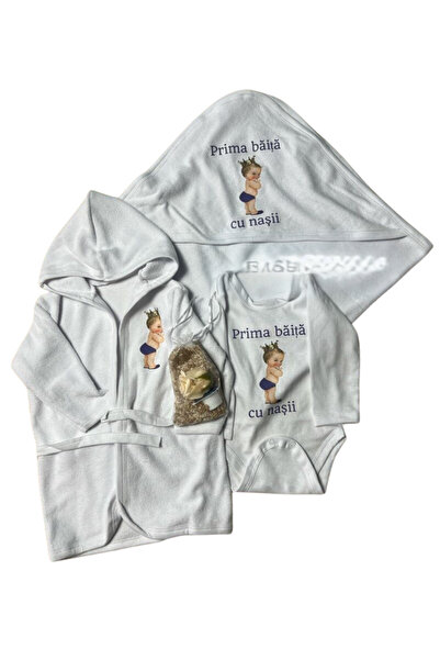 Botez Set pentru prima baita – Print albastru cu prosop, body, halat si sacul...