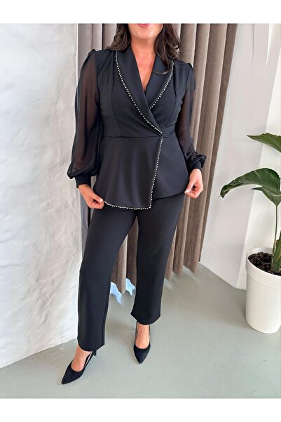 Butik Nilyam Γυναικείο Σετ Μπλούζα και Παντελόνι Μεγάλο Μέγεθος διπλό πέτο με λαιμόκοψη σιφόν με μπαλόνι μανίκια με λεπτομέρεια από πέρλες Μαύρο 25011