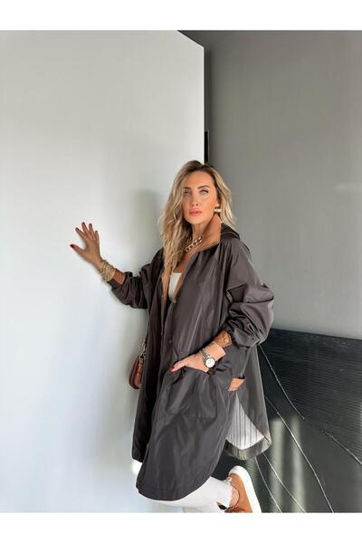 Zerrincan Giyim Acı Kahve Kapşonlu Tasarım Premium Trençkot