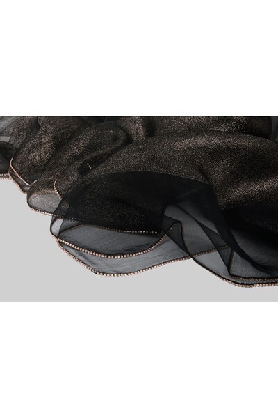 ARMANDA İpekli Kenarı Taşlı Abiye Şal - Siyah-Metal