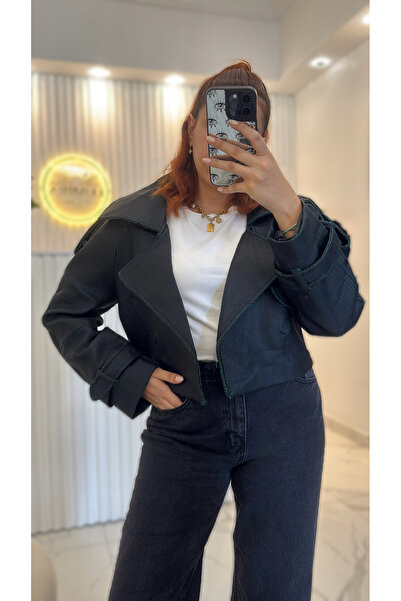 Yeşil detaylı Oversize Deri Ceket