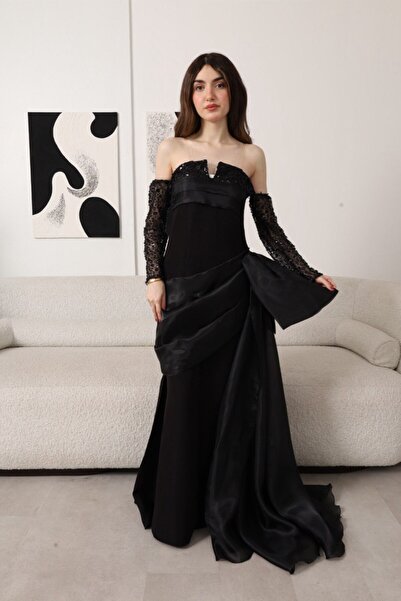 Generic Long black embroidered evening dress with separate sleeves and luxurious satin details
