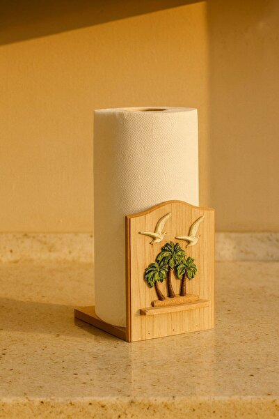 decorev Wooden Paper Towel Holder – Decorative Palm and Seagull Motif Kitchen Accessory Br-6626