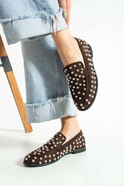 diclepolat Kadın Kahve Süet Zımbalı Loafer Ayakkabı Bold