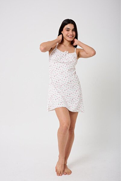 KADİRCE ÇİÇEK Baskılı şık gecelik + tanga hediyeli yuvarlak yaka ön bağcıklı ...