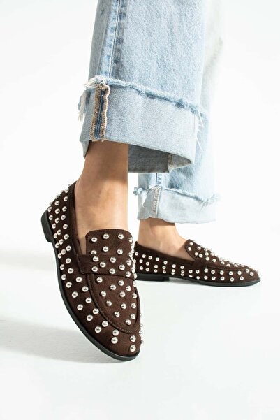 diclepolat Kadın Kahve Süet Zımbalı Loafer Ayakkabı Bold