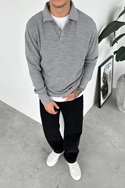 HAFKAGİYİM Gray Basic Polo Neck Knit Sweater