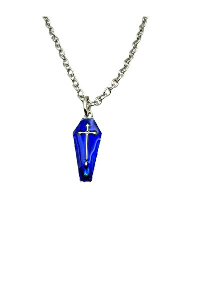 Herşey Nota Blue Gothic Cross Coffin Unisex Necklace – Antique Design with Fl...