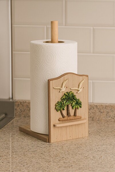 decorev Wooden Paper Towel Holder – Decorative Palm and Seagull Motif Kitchen Accessory Br-6626