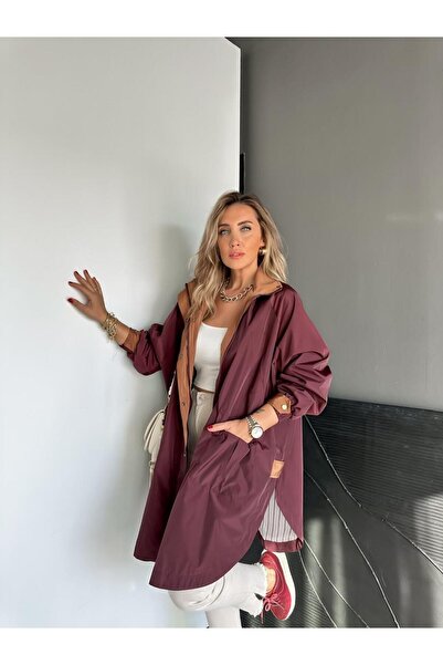 Zerrincan Giyim Bordo Kapşonlu Tasarım Premium Trençkot