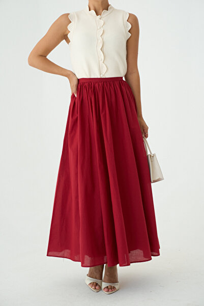 LOOSH Kadın Kırmızı Uzun Astar Detaylı Pileli Maxi Etek