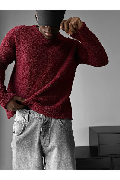 ayakuydur Erkek Bordo Peluş Kazak