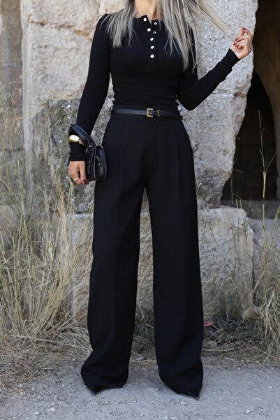 bytugcekaya Siyah Pile Detaylı Düğmeli Palazzo