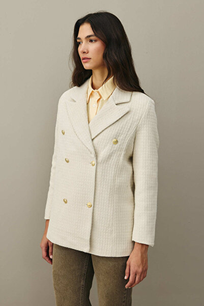 Fahhar Textured Double-Breasted Blazer Jacket Ecru
