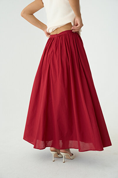 LOOSH Kadın Kırmızı Uzun Astar Detaylı Pileli Maxi Etek